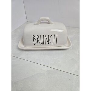 Rae Dunn "BRUNCH" Butter Dish Ceramic White LL‎ Font Magenta Farmhouse Kitchen